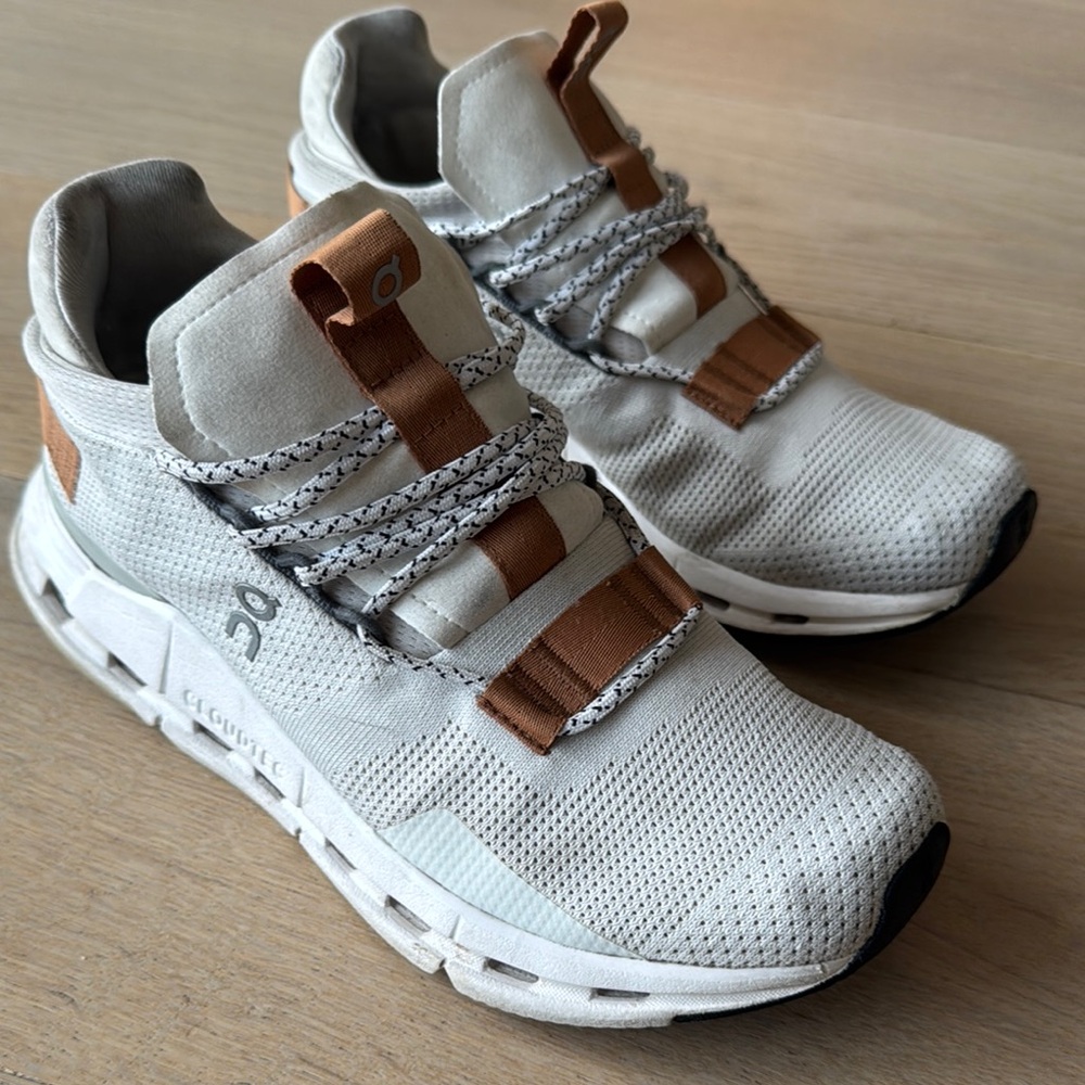 On Running cloudnova white and tan sneakers